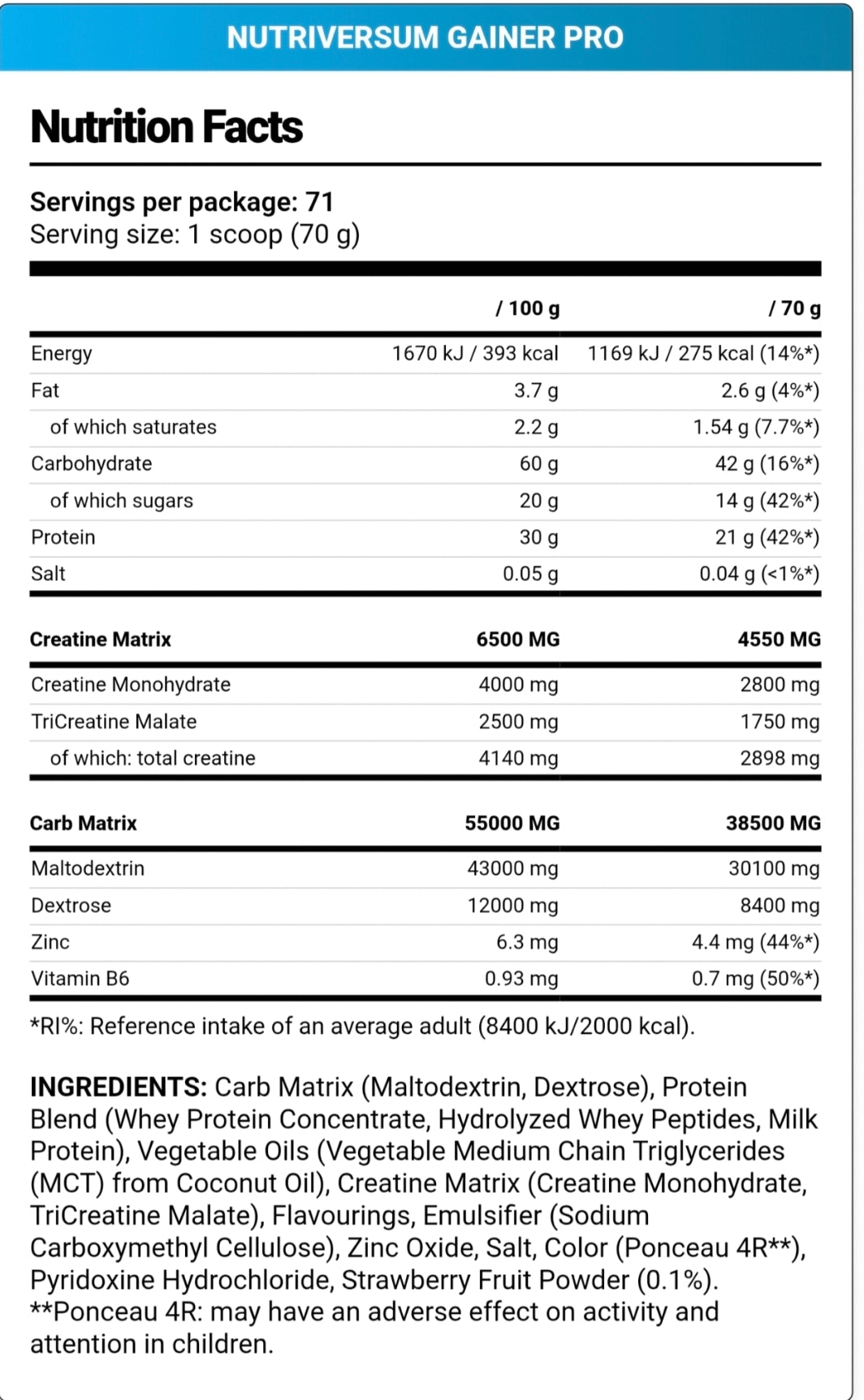 Nutriversum, gainer pro, 5KG, 71 Servings